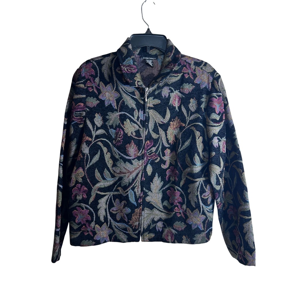 Portrait Zip Up Jacket Large Black Floral Tapestry Vintage Style Women